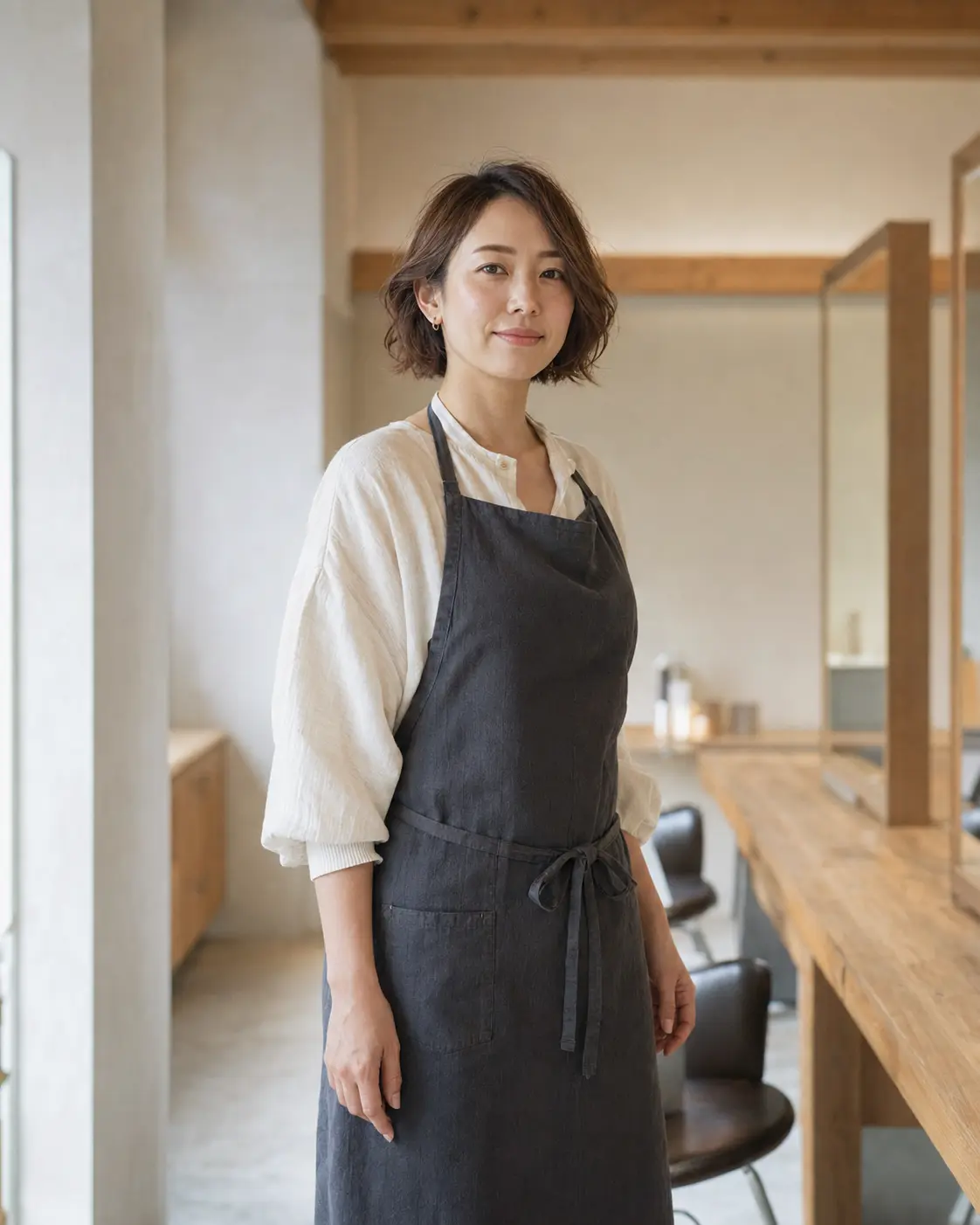 自然光の入る美容室に立つ女性スタイリスト